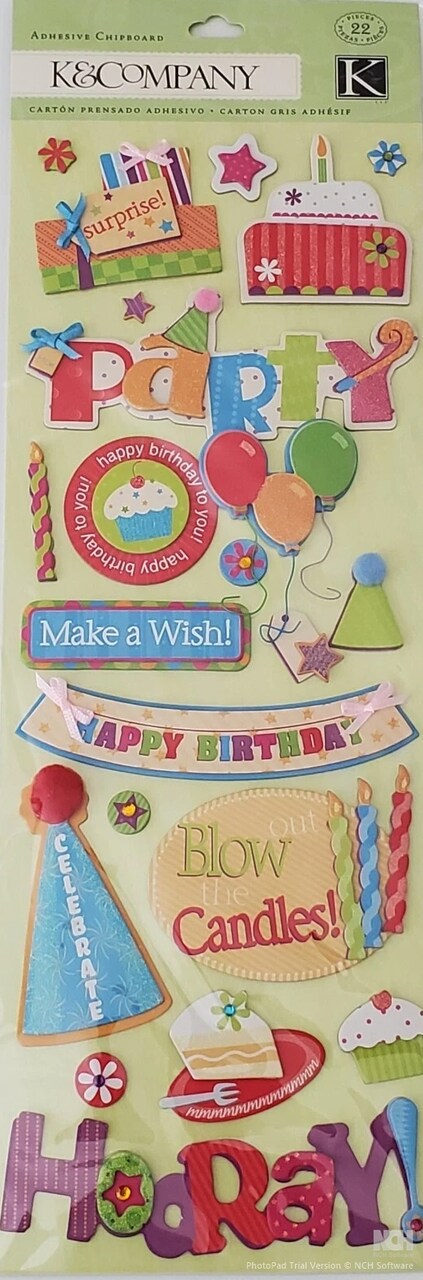 K & Company General Birthday Adhesive Chipboard Dimensional Stickers